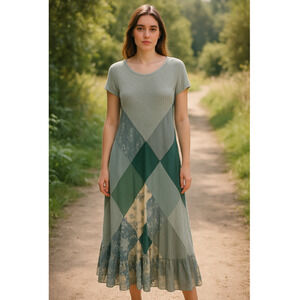 VTG Donna Jessica Asymmetric Multicolor Textured Patchwork Dress Romantic Sz-M